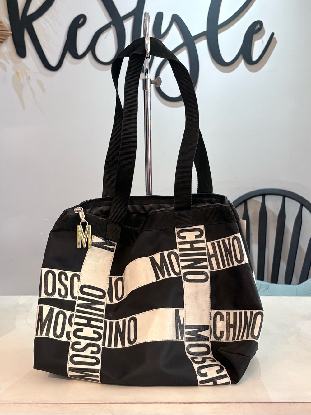Moschino Black and White Logo Stripe Tote with Charm